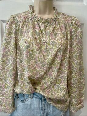 House of Harlow 1960 Pink and Green Floral Ruffle-Neck Peasant Blouse